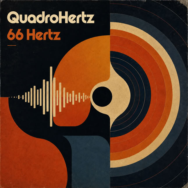 Abstraktes Design mit konzentrischen Kreisen und einer stilisierten Schallwelle, Text "QuadroHertz 66 Hertz" in der oberen linken Ecke.