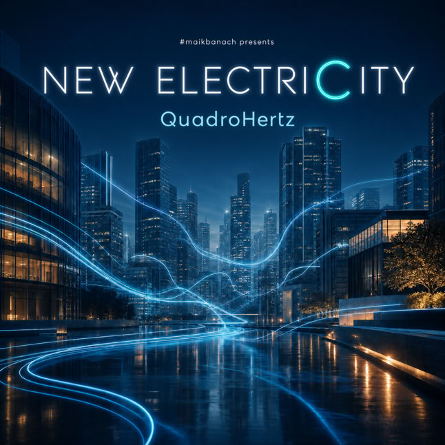 St&auml;dtische Skyline bei Nacht mit leuchtenden blauen Linien, die durch die Stra&szlig;en verlaufen, und dem Text "New Electricity QuadroHertz".