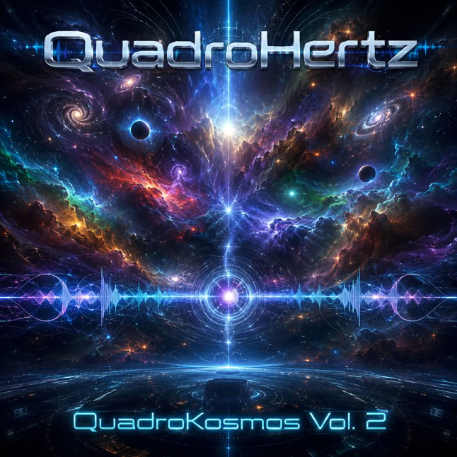 Ein farbenfrohes, kosmisches Design mit Galaxien und Lichtstrahlen, dar&uuml;ber der Text "QuadroHertz" und unten "QuadroKosmos Vol. 2".