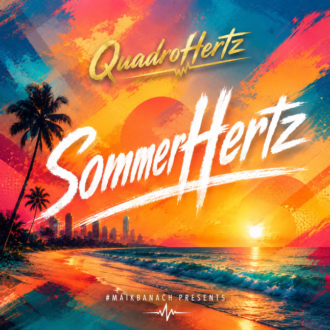 Buntes Cover mit Palmen, Sonnenuntergang, Strand und dem Text "QuadroHertz SommerHertz".