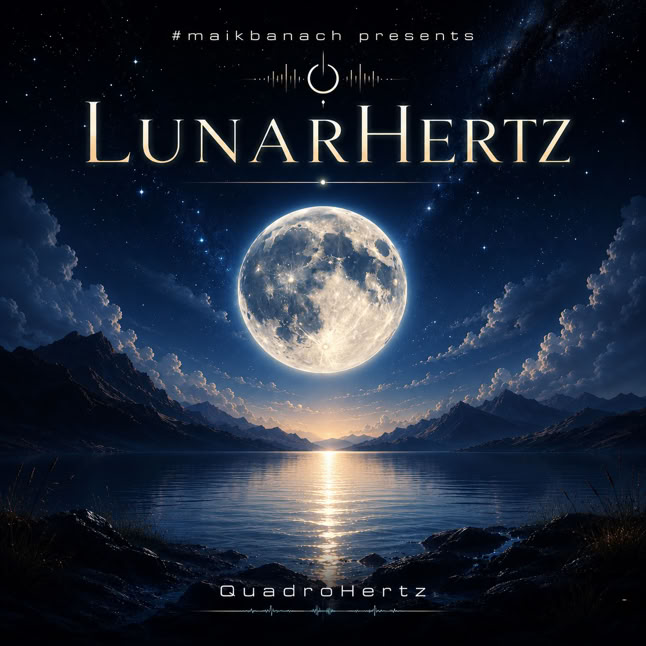 Ein Vollmond &uuml;ber einem ruhigen Gew&auml;sser, umgeben von Bergen und einem sternenklaren Himmel, mit dem Text "LunarHertz" in der Mitte.