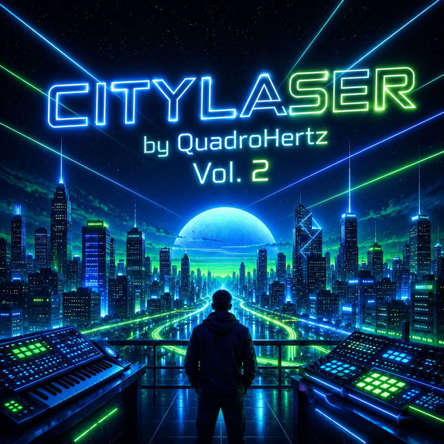 Ein Mensch steht vor einer futuristischen Stadtlandschaft mit leuchtenden Geb&auml;uden und Laserlichtern, umgeben von elektronischen Ger&auml;ten. Text: "CITYLASER by QuadroHertz Vol. 2".