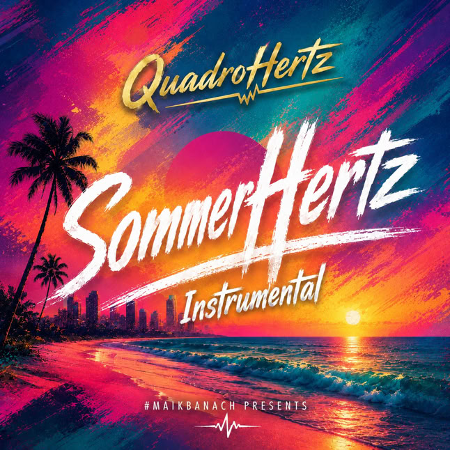 Buntes Cover mit Palmen, Sonnenuntergang am Strand und dem Text "QuadroHertz SommerHertz Instrumental".