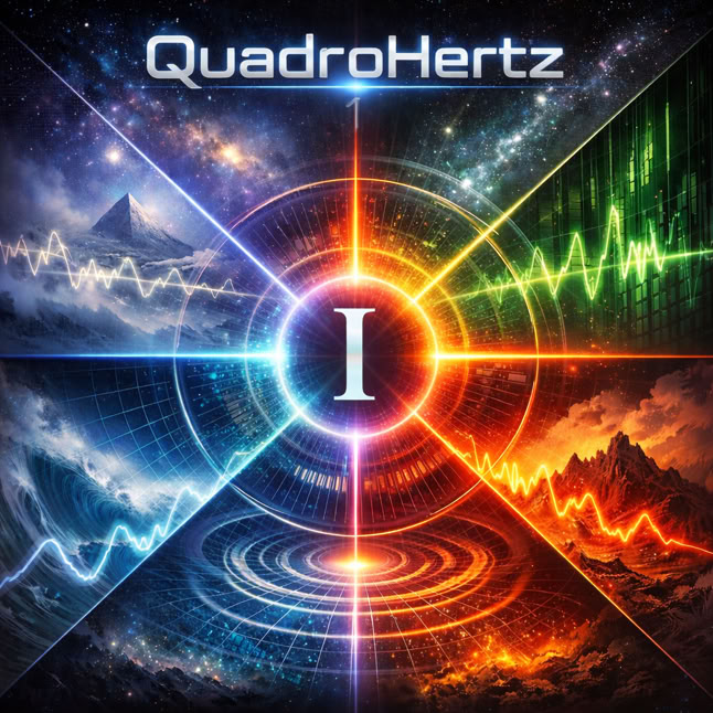 Ein Bild mit vier farbigen Quadranten, die jeweils unterschiedliche Landschaften und Wellenformen zeigen, mit einem zentralen "I" und dem Schriftzug "QuadroHertz" oben.