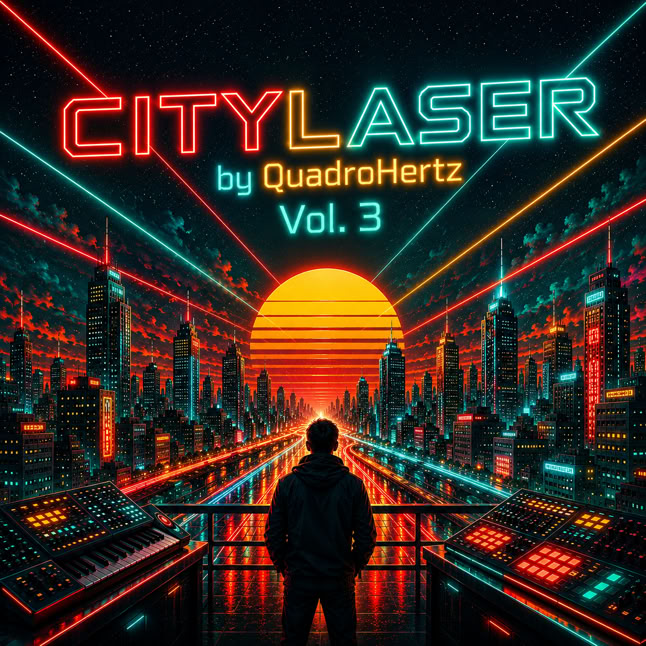 Eine Person steht auf einem Balkon mit Blick auf eine futuristische Stadt bei Sonnenuntergang, umgeben von leuchtenden Lichtern und elektronischen Ger&auml;ten. Oben steht der Text "CITYLASER by QuadroHertz Vol. 3".