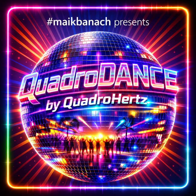 Ein leuchtender Discoball mit dem Text "QuadroDANCE by QuadroHertz" in der Mitte, umgeben von bunten Lichtern und Silhouetten von tanzenden Menschen.