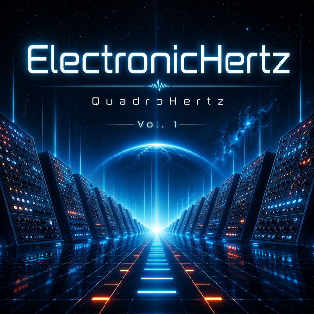 Futuristische Darstellung eines digitalen Raums mit leuchtenden Linien und einem zentralen Lichtbogen, dar&uuml;ber der Text "ElectronicHertz QuadroHertz Vol. 1".