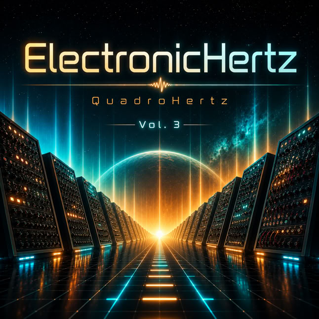 Futuristische Landschaft mit leuchtenden Strukturen und einem gro&szlig;en, hellen Licht im Hintergrund, dar&uuml;ber der Text "ElectronicHertz QuadroHertz Vol. 3".