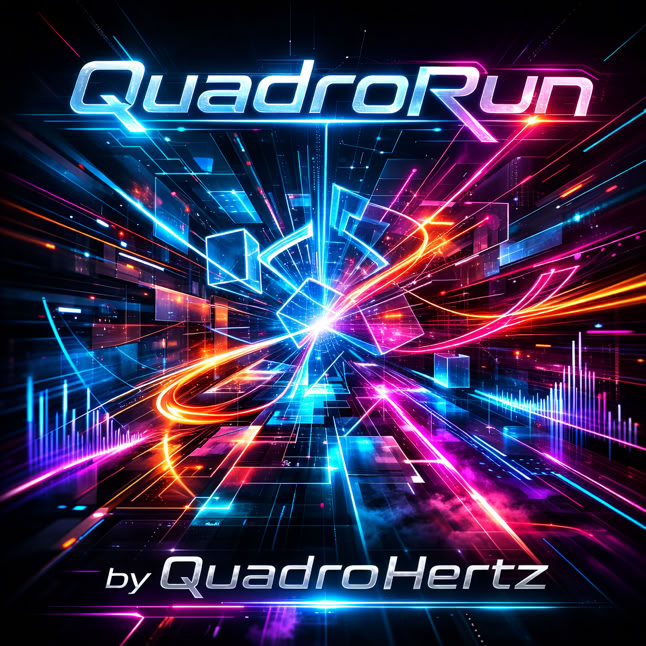 Ein digitales, futuristisches Design mit leuchtenden, bunten Linien und geometrischen Formen. Oben steht "QuadroRun" und unten "by QuadroHertz".
