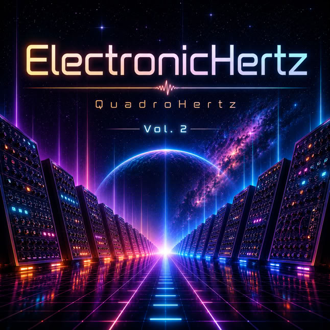 Ein futuristisches, neonbeleuchtetes Design mit einem leuchtenden Bogen und Sternenhimmel im Hintergrund, flankiert von symmetrischen Strukturen. Text: "ElectronicHertz QuadroHertz Vol. 2".